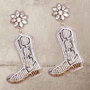 Beaded Silver Cowboy Boot Earrings, Seed Bead Earrings, Western Jewelry, Statement Earrings