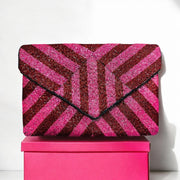 Striped Dark Red and Fuchsia Beaded Clutch, Crossbody Handbag, Evening Handbag, Beaded Handbag